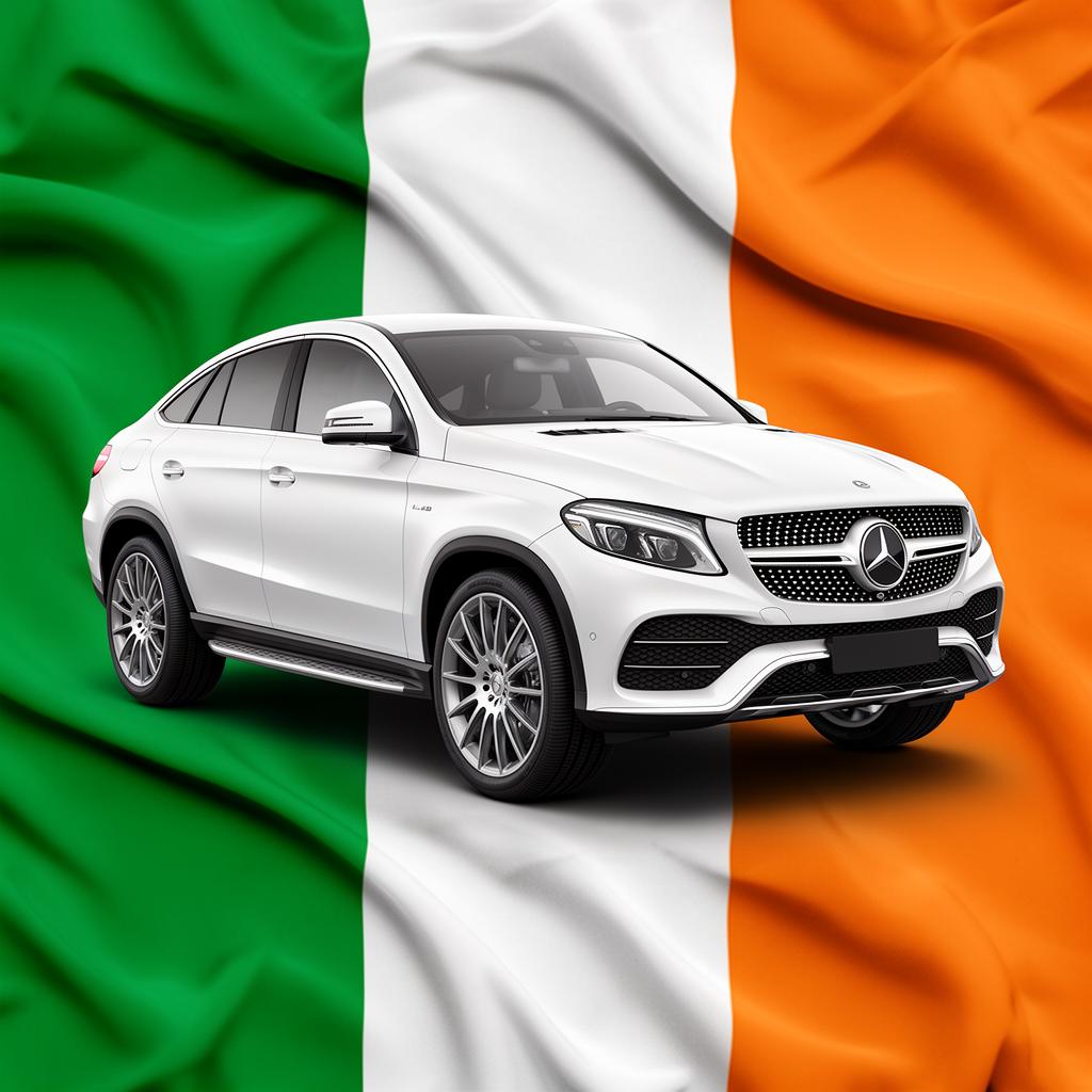 Luxury Mercedes-Benz chauffeur car with Irish flag backdrop